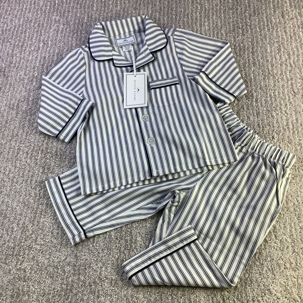 Petite Plume Striped White and Navy Kids Pajama Set - Classic Cotton Sleepwear